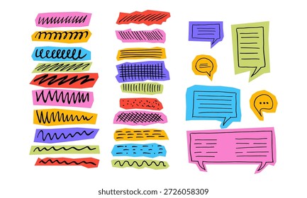 Funky Y2K-estilo de la burbuja de discurso scrapbook conjunto. Formas de burbujas de papel desgarradas para diálogos, mensajes y texto. Coloridos Elementos de collage de álbumes de recortes inspirados en cómics. Globos de discurso de Vector dibujados a mano.