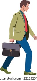 Funky young businessman with red tie is walking and holding his briefcase isolated on transparent background png