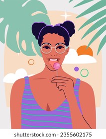 Funky young woman with lollipop. Colorful portrait of happy grrovy girl.