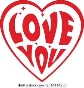 Funkyabstract Love You lettering text in heart shape heart illustration isolated on white background. Cool groovy Valentines message colorful vector clipart.