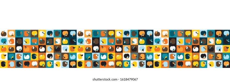  Funkyapple fruit mosaic vector seamless border pattern. Hand drawn playfull food colorful banner background. Trendy colorful gender neutral kid decorative ribbon edge. Children cute animal trim.