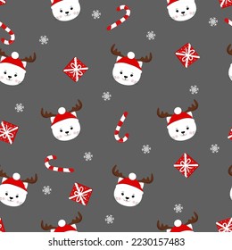 Funne cats with christmas hats. Seamless winter pattern with cats, gifts, snowflakes and candy cane