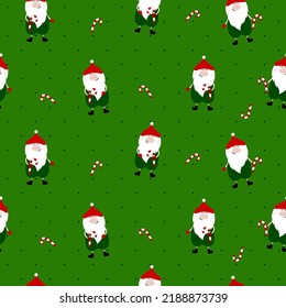 Funne dwarf with hat and candy cane. Seamless christmas pattern.