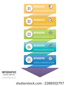 Funnel, 3D-Pfeil Origami-Infografik-Vorlage oder Element mit 5 Schritten, Prozess, Option, bunter Rechteck, Tag, Taste, Kreis, rechteckig, Pyramide, Symbole, Treppe, isometrisch für den Verkauf Folie, Web