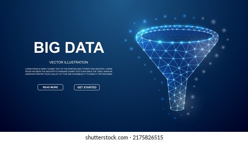 Funnel 3d low poly symbol with connected dots for blue landing page template. Data filter design illustration concept. Polygonal Big data illustration