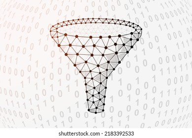 Funnel 3d low poly symbol with binary code background. Data filter design vector illustration. Big data polygonal symbol with connected dots