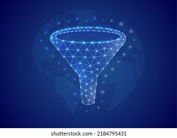 Símbolo de polos bajos del embudo 3d con fondo de mapa del mundo azul. Ilustración de diseño de concepto de filtro de datos. Símbolo poligonal Big data con puntos conectados