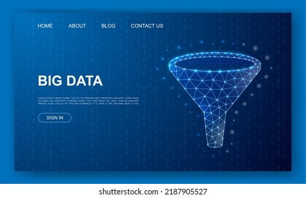 Funnel 3d polygonal website template. Data filter design illustration concept. Low poly Big data symbol for homepage, promotion banner design.