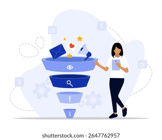 Ilustração do conceito de análise de funil. Adequado para landing page, ui, web, cartão de introdução do aplicativo, 
editorial, folheto e banner.