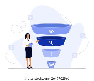 Ilustração do conceito de análise de funil. Adequado para landing page, ui, web, cartão de introdução do aplicativo, 
editorial, folheto e banner.