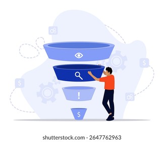 Ilustração do conceito de análise de funil. Adequado para landing page, ui, web, cartão de introdução do aplicativo, 
editorial, folheto e banner.