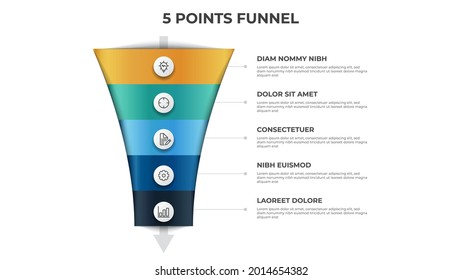 funnel arrow diagram with 5 points, options, list, infographic element template vector, can be used for sales, marketing, process flow
