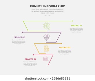 funnel base shape infographic outline style with 4 point template with creative reverse pyramid with separated line and arrow direction for slide presentation vector