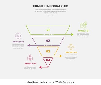 funnel base shape infographic outline style with 4 point template with arrow line opposite direction for slide presentation vector