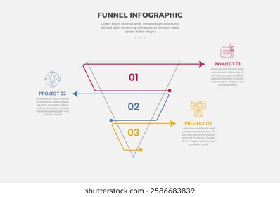 funnel base shape infographic outline style with 3 point template with simple funnel with arrow line opposite direction for slide presentation vector