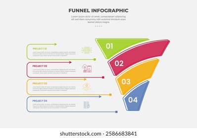 funnel base shape infographic outline style with 4 point template with creative pyramid slice separation with arrow line box for slide presentation vector