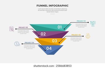 funnel base shape infographic outline style with 4 point template with creative funnel stacking with sharp shadow combination for slide presentation vector