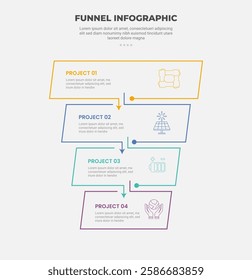 funnel base shape infographic outline style with 4 point template with rectangle box with arrow bottom direction for slide presentation vector