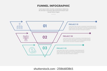 funnel base shape infographic outline style with 3 point template with creative line combination with arrow pointer for slide presentation vector