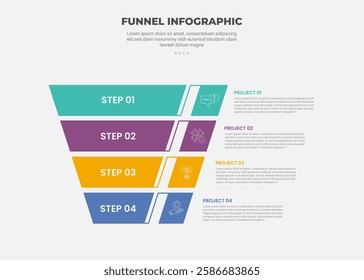 funnel base shape infographic outline style with 4 point template with reverse pyramid and line connection for slide presentation vector