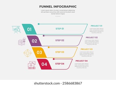 funnel base shape infographic outline style with 4 point template with creative reverse pyramid with badge on left for slide presentation vector