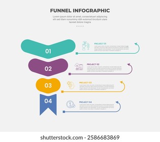 funnel base shape infographic outline style with 4 point template with round shape reverse with line arrow pointer for slide presentation vector