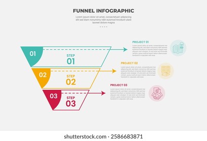 funnel base shape infographic outline style with 3 point template with big pyramid with dotted line arrow for slide presentation vector