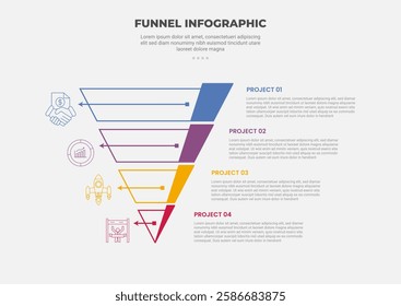 funnel base shape infographic outline style with 4 point template with reverse pyramid with long line arrow for slide presentation vector