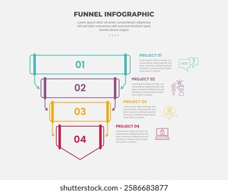 funnel base shape infographic outline style with 4 point template with round rectangle line connection with arrow for slide presentation vector