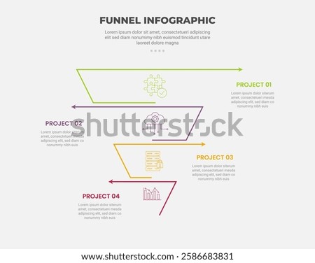 funnel base shape infographic outline style with 4 point template with creative reverse pyramid with separated line and arrow direction for slide presentation vector