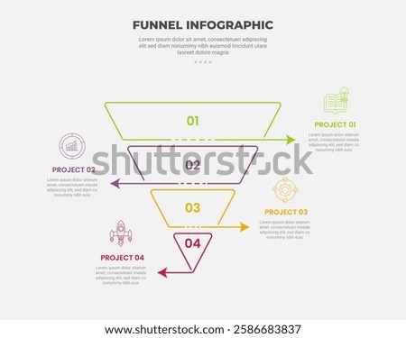 funnel base shape infographic outline style with 4 point template with arrow line opposite direction for slide presentation vector