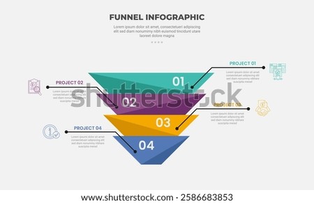 funnel base shape infographic outline style with 4 point template with creative funnel stacking with sharp shadow combination for slide presentation vector