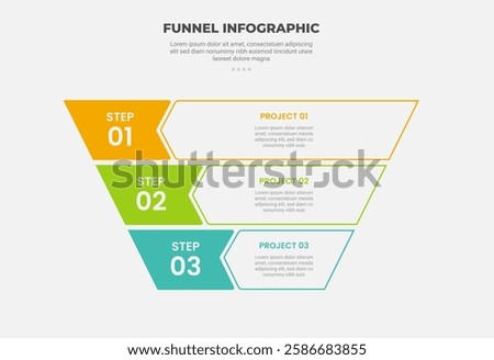 funnel base shape infographic outline style with 3 point template with outline funnel with badge on left for slide presentation vector