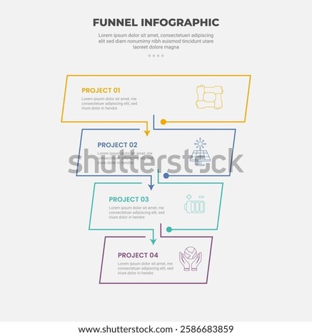 funnel base shape infographic outline style with 4 point template with rectangle box with arrow bottom direction for slide presentation vector