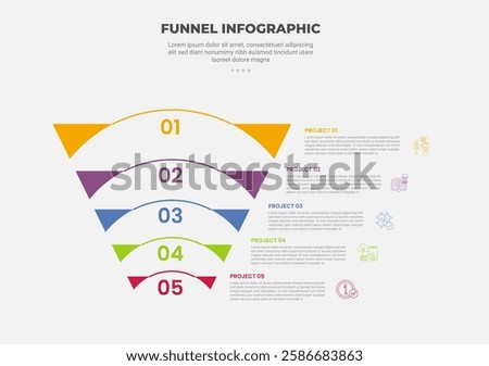 funnel base shape infographic outline style with 5 point template with reverse funnel with round line for slide presentation vector