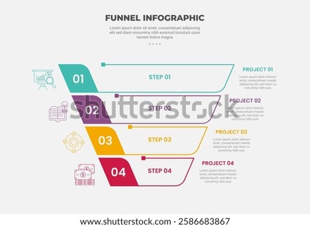 funnel base shape infographic outline style with 4 point template with creative reverse pyramid with badge on left for slide presentation vector