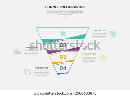 funnel base shape infographic outline style with 4 point template with outline reverse pyramid with unbalance shape for slide presentation vector