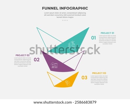 funnel base shape infographic outline style with 3 point template with creative funnel origami shape for slide presentation vector