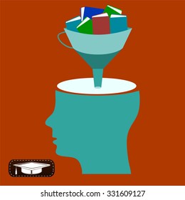 Funnel with books, open head, gaining knowledge, education