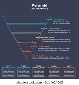 Funnel Business Pyramid Infographic With 5 Charts. Vector Illustration.