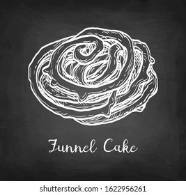 Funnel cake. Chalk sketch on blackboard background. Hand drawn vector illustration. Retro style.