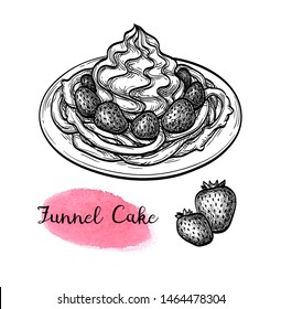 Funnel cake with strawberries and whipped cream. Ink sketch isolated on white background. Hand drawn vector illustration. Retro style. svg