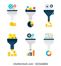 Funnel Chart Flat Objects Set Isolated Over White. Flat Design Vector Illustration. Collection Of Data Filter Items. Funnel Conversion.