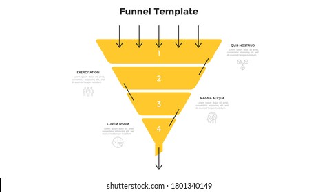 Funnel Chart With Four Numbered Layers Or Levels. Concept Of 4 Stages Of Project Development Process. Simple Infographic Design Template. Modern Flat Vector Illustration For Data Visualization.