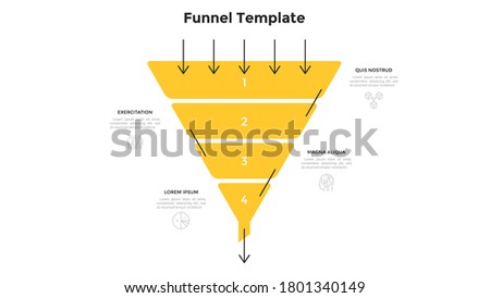 Funnel chart with four numbered layers or levels. Concept of 4 stages of project development process. Simple infographic design template. Modern flat vector illustration for data visualization.