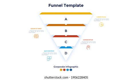 Gráfico de embudo con cuatro capas separadas. Concepto de 4 etapas del proceso de desarrollo de proyectos empresariales. Plantilla de diseño de infografía corporativa. Ilustración vectorial plana moderna para la visualización de datos.