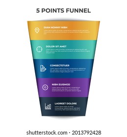 funnel chart infographic element vector with 5 points, options, list, can be used for digital marketing, sales, process flow