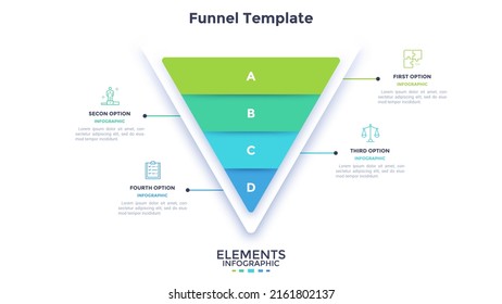 Funnel chart or inverted pyramid diagram divided into four colorful layers. Concept of 4-staged sales model. Minimal infographic design template. Modern flat vector illustration for business report.