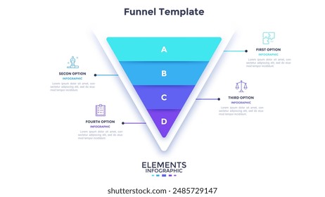 Funnel chart or inverted pyramid diagram divided into four colorful layers. Concept of 4-staged sales model. Minimal infographic design template. Modern flat vector illustration for business report.