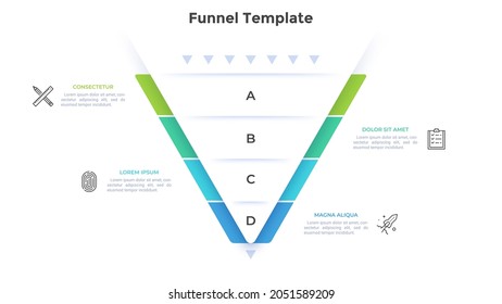 Funnel chart or inverted pyramid divided into four paper whitу layers. Concept of 4 stages of business process. Minimal infographic design template. Modern flat vector illustration for presentation.